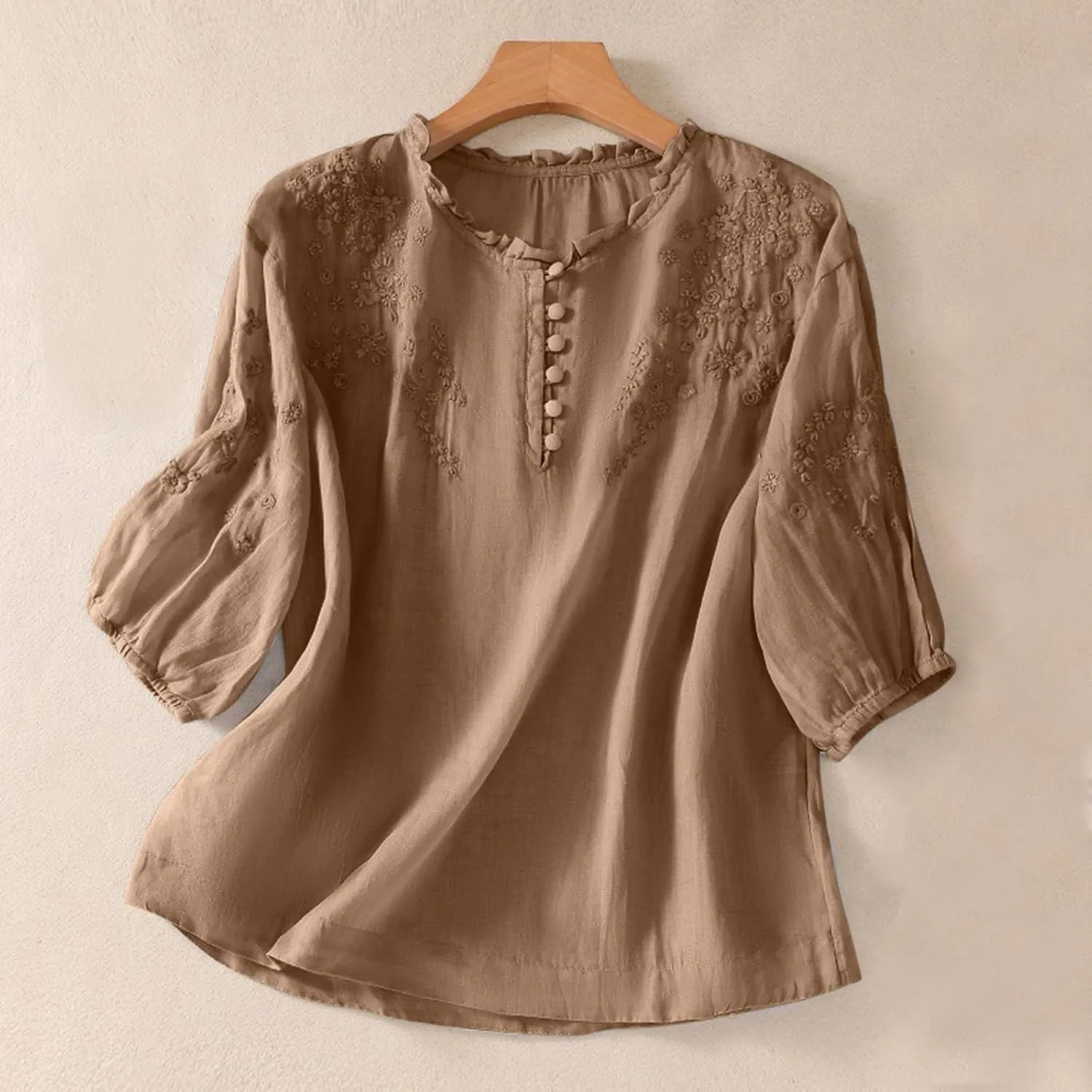 2025 Women's Cotton Linen Button Short Sleeve Shirts Summer Crew Neck Casual Boho Top Vintage Embroidered Blouse Tops