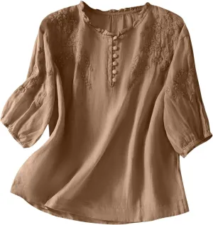 2025 Women's Cotton Linen Button Short Sleeve Shirts Summer Crew Neck Casual Boho Top Vintage Embroidered Blouse Tops