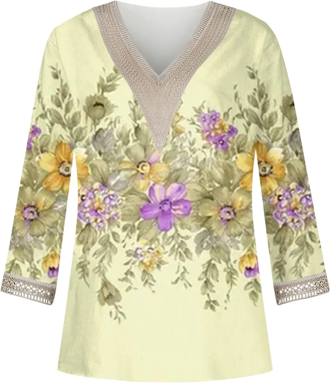 3/4 Length Sleeve Womens Tops 2025 Lace V Neck Shirt Flowers Print Tunic Tops Trendy Floral Blouses T Shirts;Womens Fashion