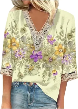 3/4 Length Sleeve Womens Tops 2025 Lace V Neck Shirt Flowers Print Tunic Tops Trendy Floral Blouses T Shirts;Womens Fashion