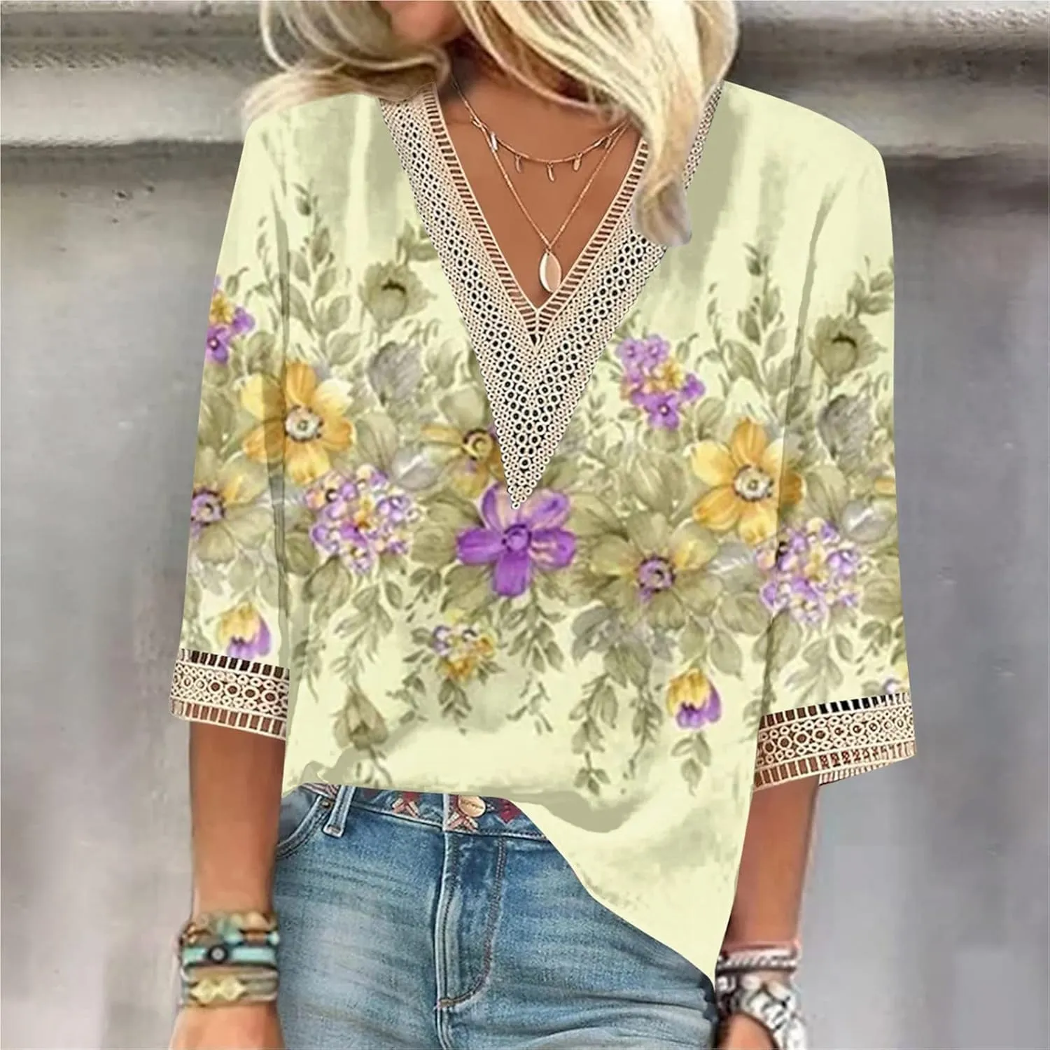 3/4 Length Sleeve Womens Tops 2025 Lace V Neck Shirt Flowers Print Tunic Tops Trendy Floral Blouses T Shirts;Womens Fashion