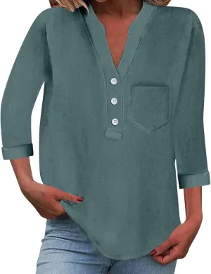 3/4 Sleeve Linen Tops for Women Loose Fit V Neck Button Down Henley Shirts Cute Summer Beach Tee Shirts with Pocket