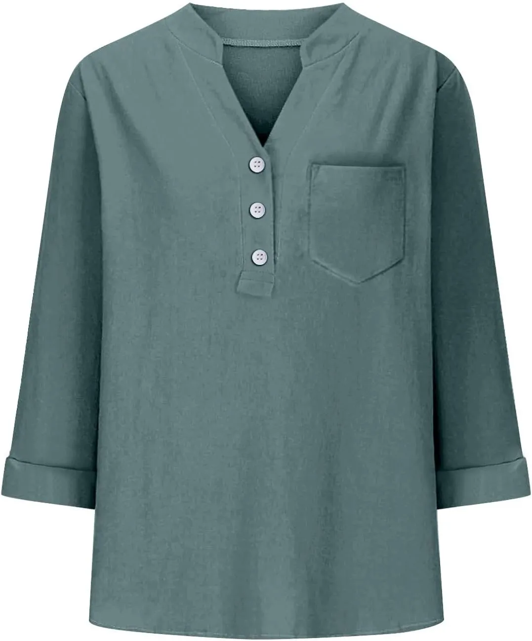 3/4 Sleeve Linen Tops for Women Loose Fit V Neck Button Down Henley Shirts Cute Summer Beach Tee Shirts with Pocket