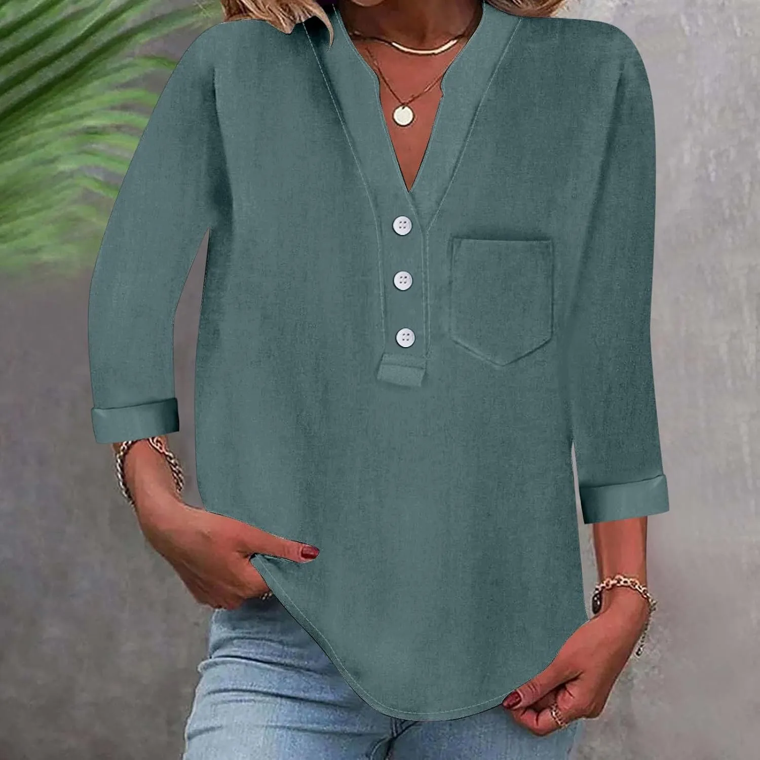 3/4 Sleeve Linen Tops for Women Loose Fit V Neck Button Down Henley Shirts Cute Summer Beach Tee Shirts with Pocket