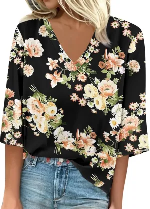 3/4 Sleeve T Shirts for Women V Neck 3/4 Sleeve Pullover Floral Print Baggy T Shirts Business Cute Work Tops