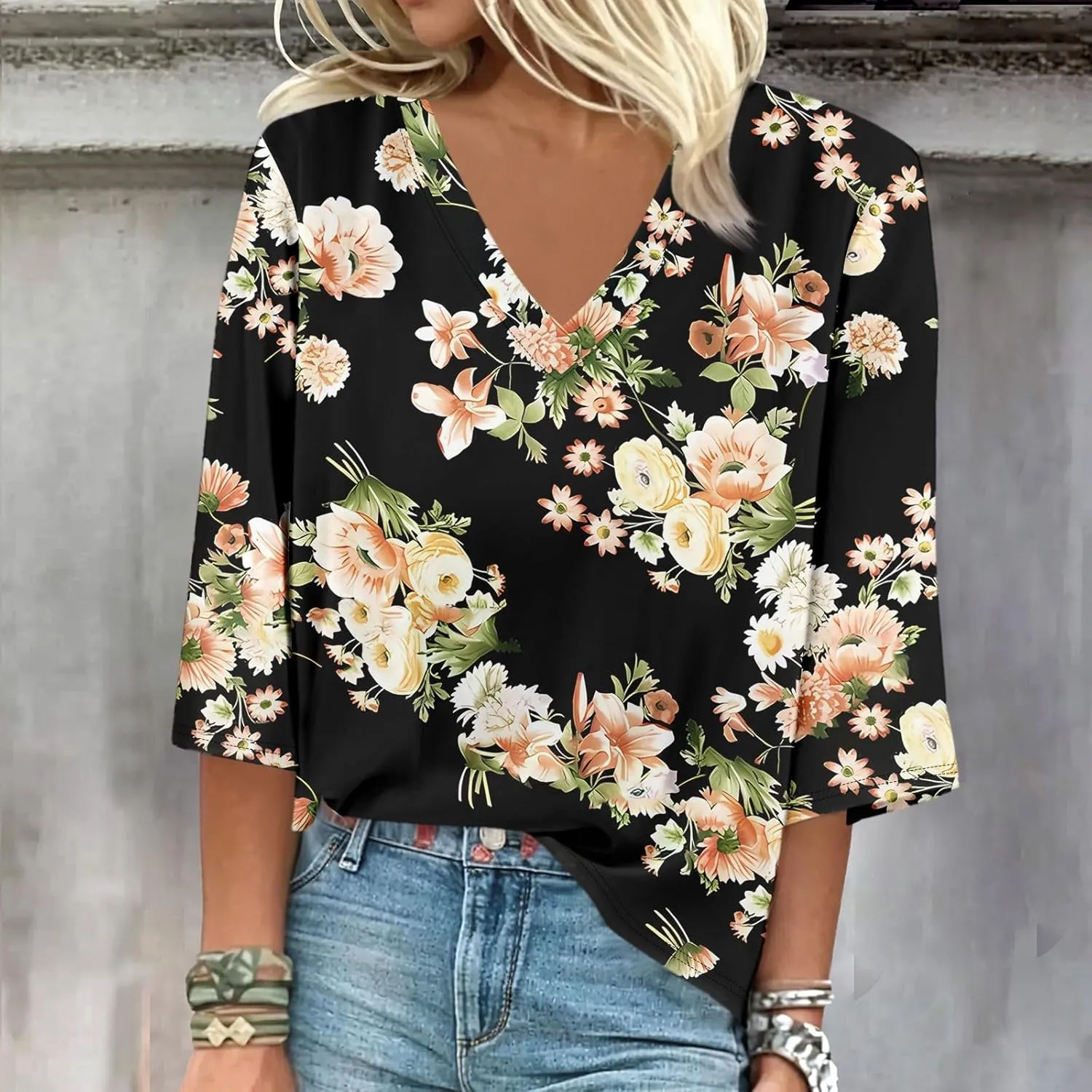 3/4 Sleeve T Shirts for Women V Neck 3/4 Sleeve Pullover Floral Print Baggy T Shirts Business Cute Work Tops
