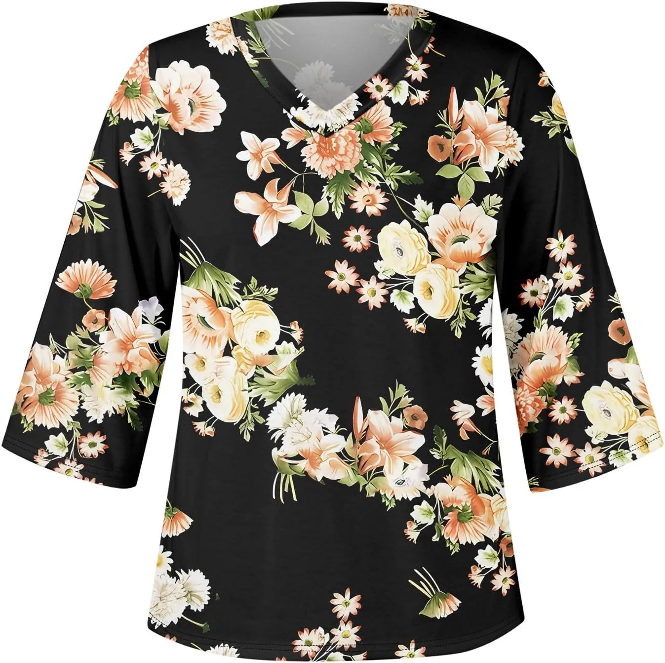 3/4 Sleeve T Shirts for Women V Neck 3/4 Sleeve Pullover Floral Print Baggy T Shirts Business Cute Work Tops
