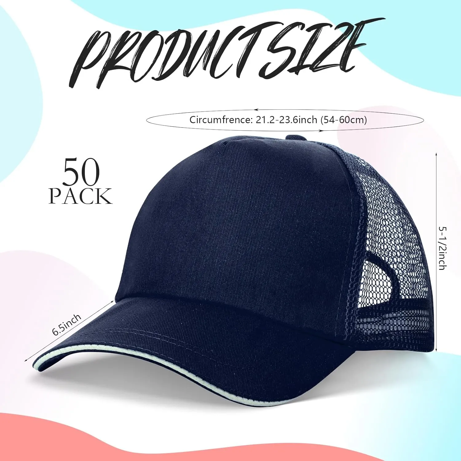 50 Pcs Blank Trucker Hats Bulk Unisex Sublimation Hat Baseball Cap Trucker Cap with Adjustable Snapback for Men Women