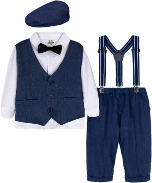 A&J DESIGN 5pcs Baby Boys Suit, 12 Months - 3T, Shirt & Pants & Vest & Hat & Bow Tie