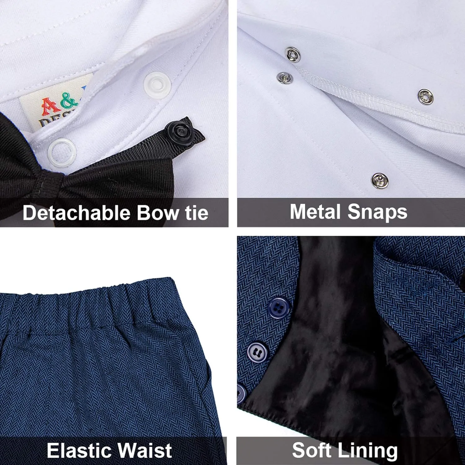 A&J DESIGN 5pcs Baby Boys Suit, 12 Months - 3T, Shirt & Pants & Vest & Hat & Bow Tie