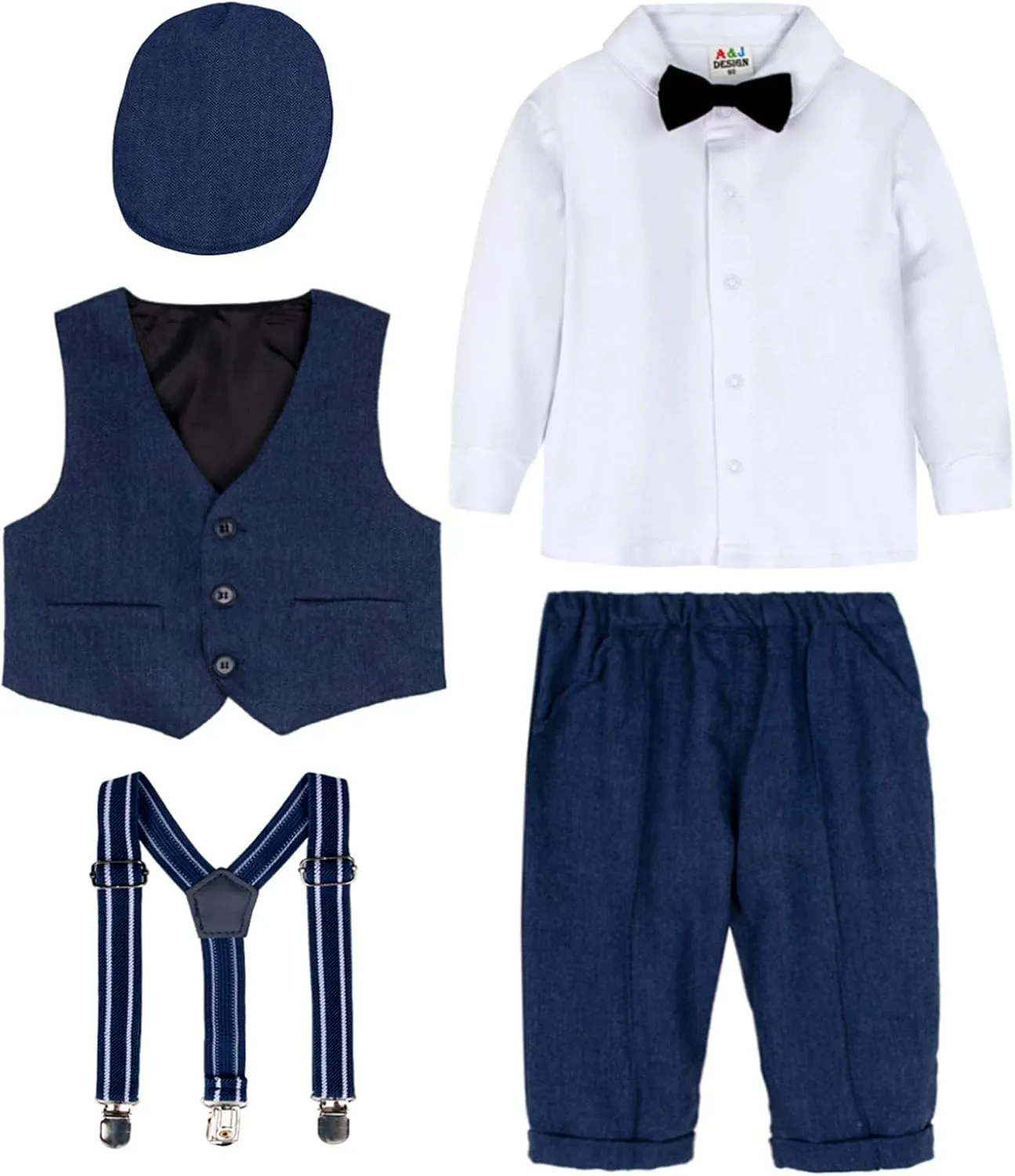 A&J DESIGN 5pcs Baby Boys Suit, 12 Months - 3T, Shirt & Pants & Vest & Hat & Bow Tie