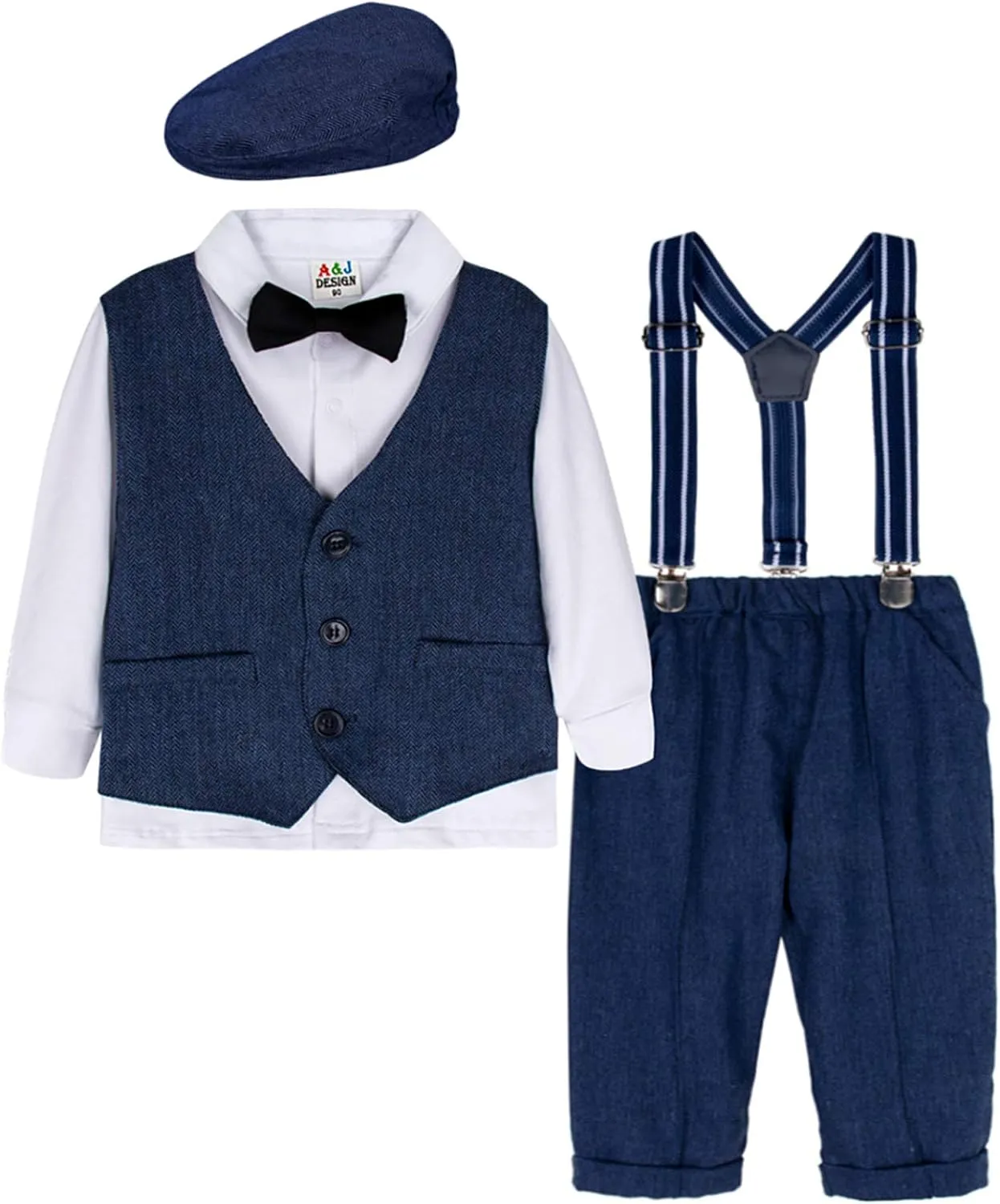 A&J DESIGN 5pcs Baby Boys Suit, 12 Months - 3T, Shirt & Pants & Vest & Hat & Bow Tie