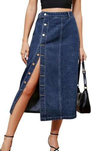 ALSOGO Women's Denim Skirts Button Front Split Washed Slim High Waist Jean Skirts with Pockets