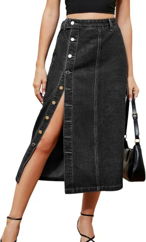 ALSOGO Women's Denim Skirts Button Front Split Washed Slim High Waist Jean Skirts with Pockets