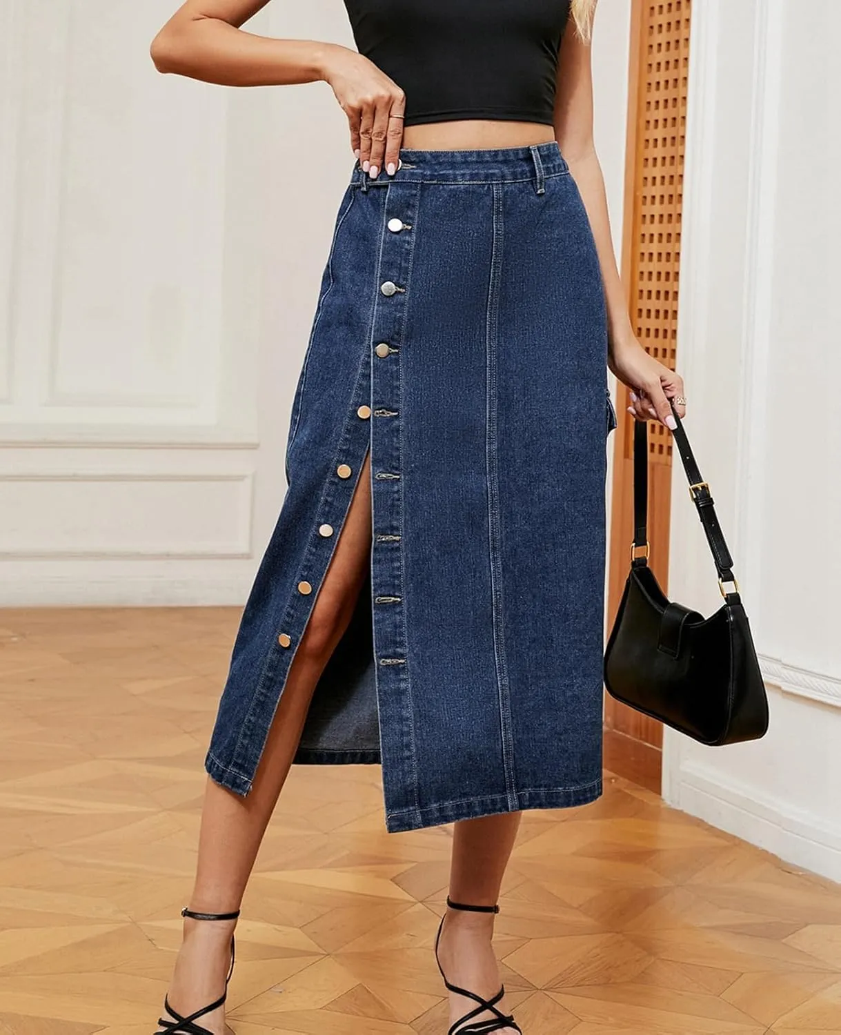 ALSOGO Women's Denim Skirts Button Front Split Washed Slim High Waist Jean Skirts with Pockets