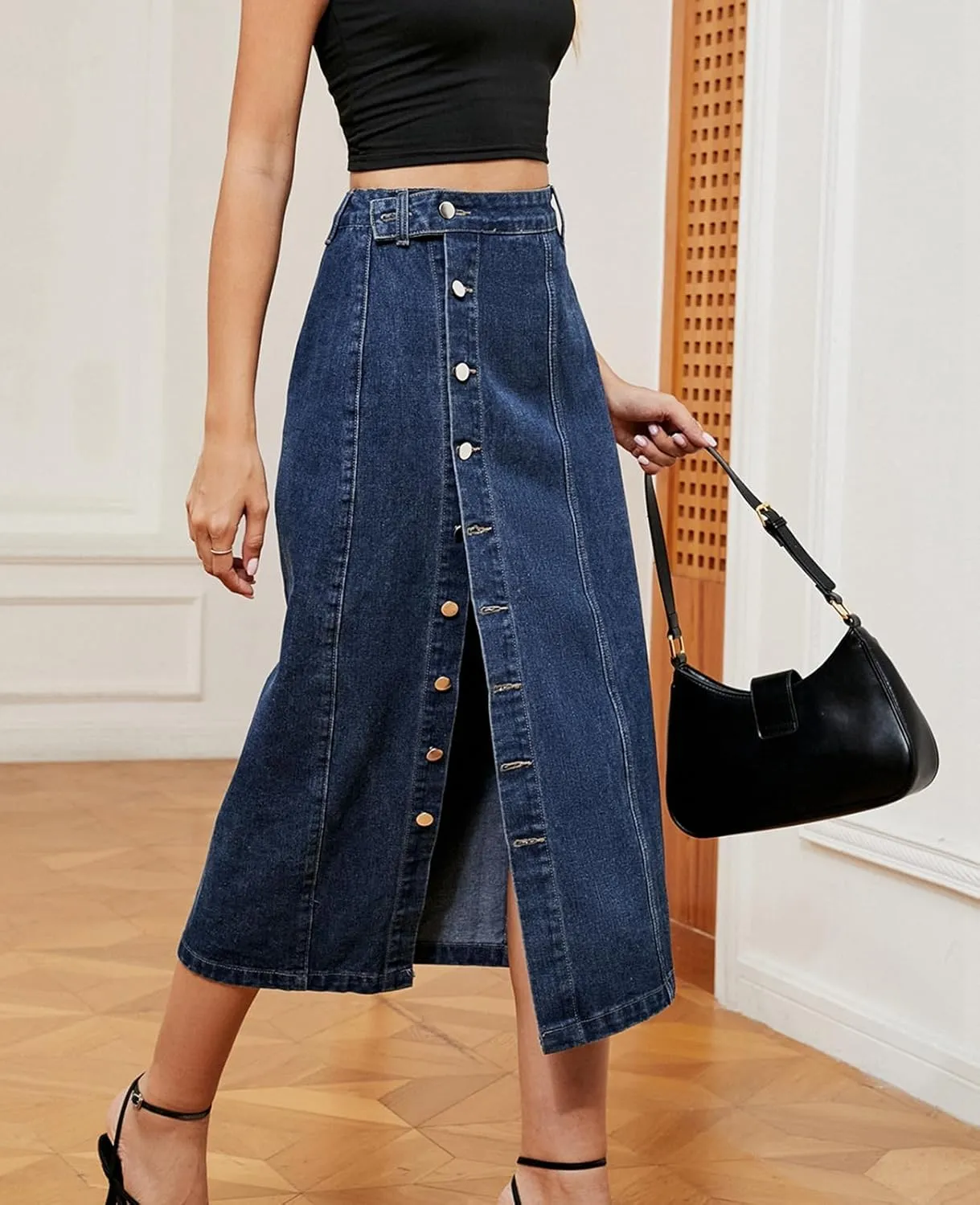 ALSOGO Women's Denim Skirts Button Front Split Washed Slim High Waist Jean Skirts with Pockets