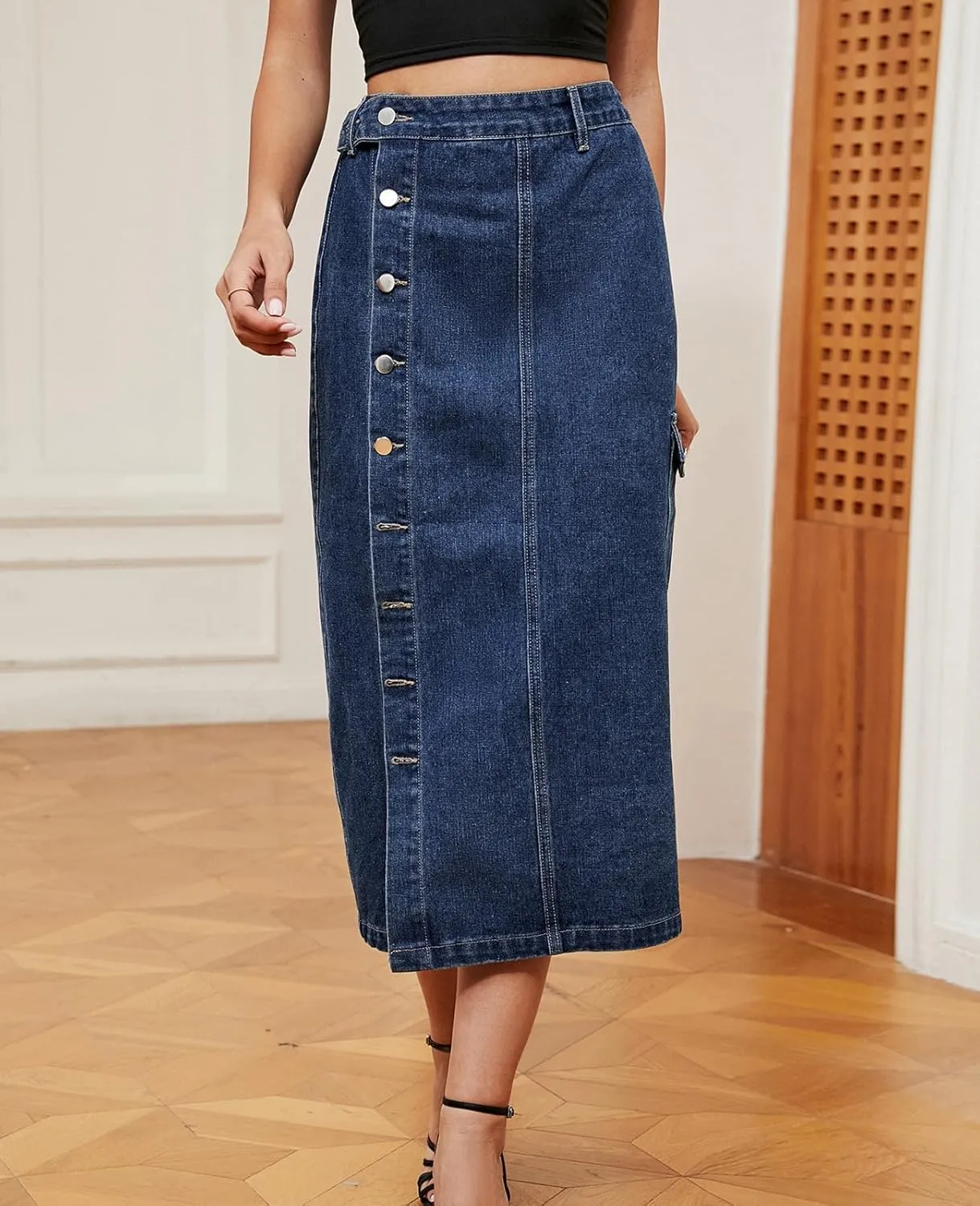 ALSOGO Women's Denim Skirts Button Front Split Washed Slim High Waist Jean Skirts with Pockets