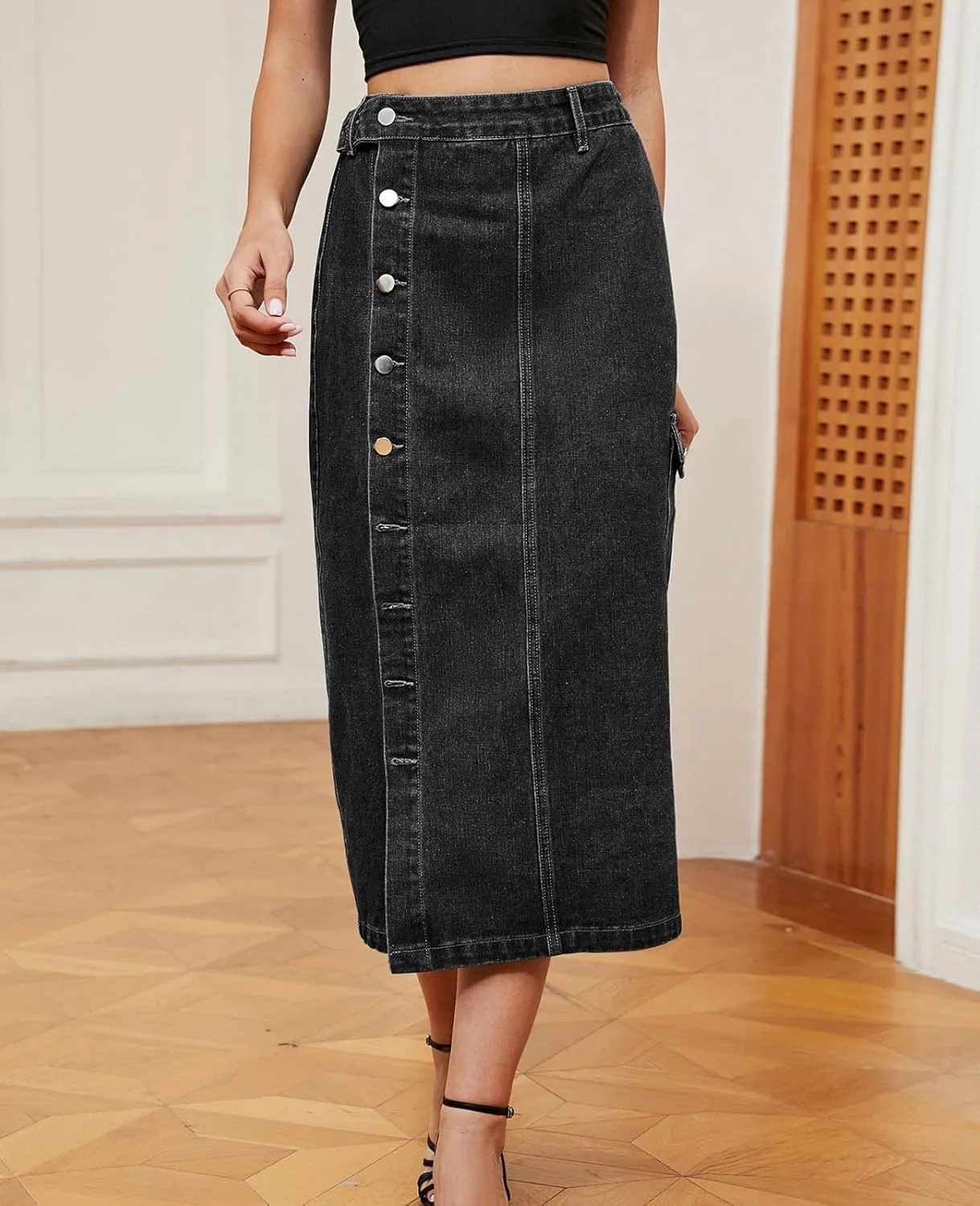 ALSOGO Women's Denim Skirts Button Front Split Washed Slim High Waist Jean Skirts with Pockets
