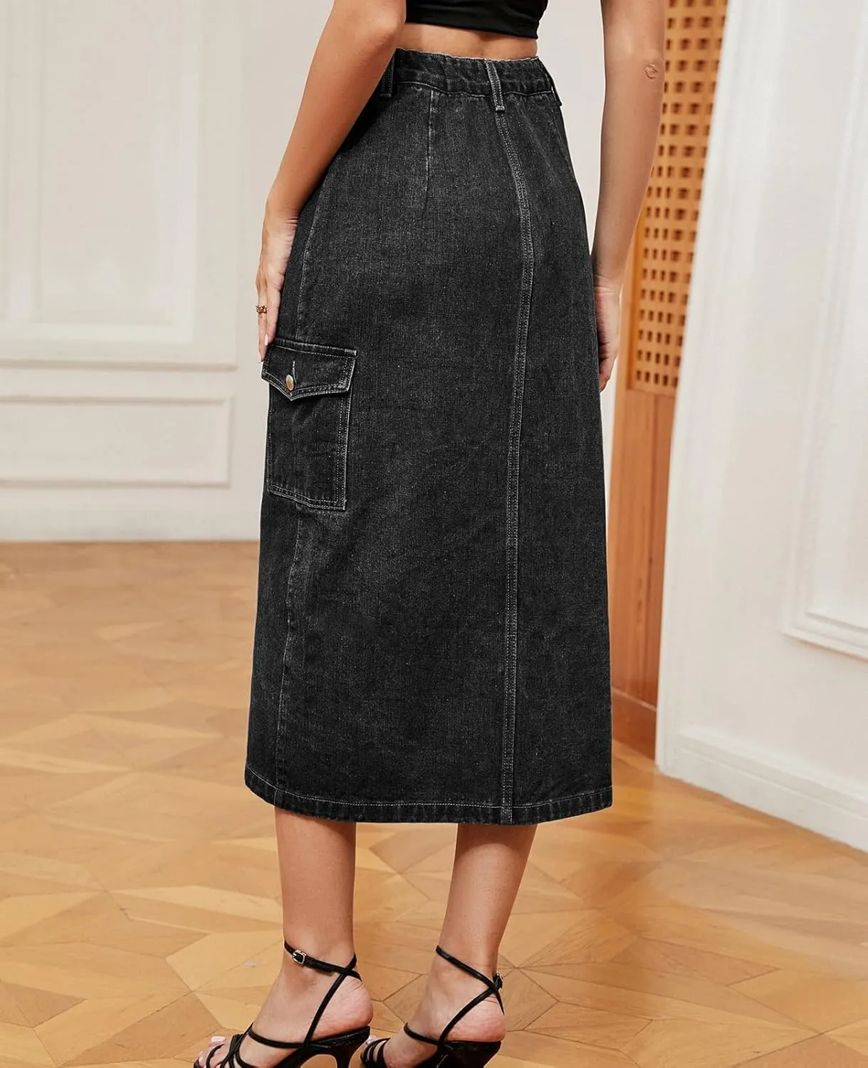 ALSOGO Women's Denim Skirts Button Front Split Washed Slim High Waist Jean Skirts with Pockets