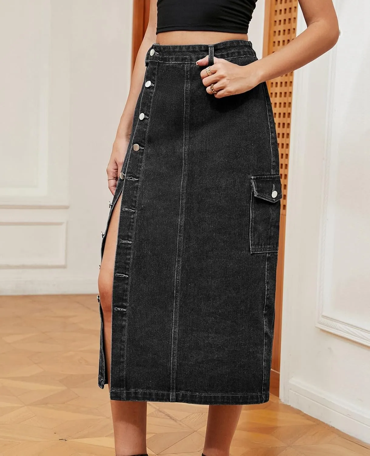 ALSOGO Women's Denim Skirts Button Front Split Washed Slim High Waist Jean Skirts with Pockets