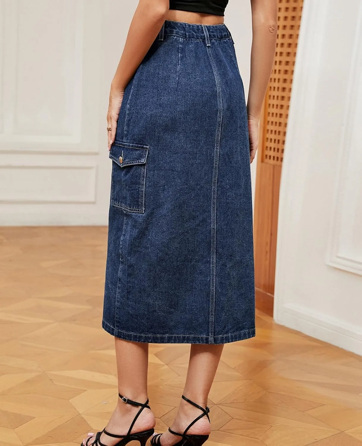 ALSOGO Women's Denim Skirts Button Front Split Washed Slim High Waist Jean Skirts with Pockets