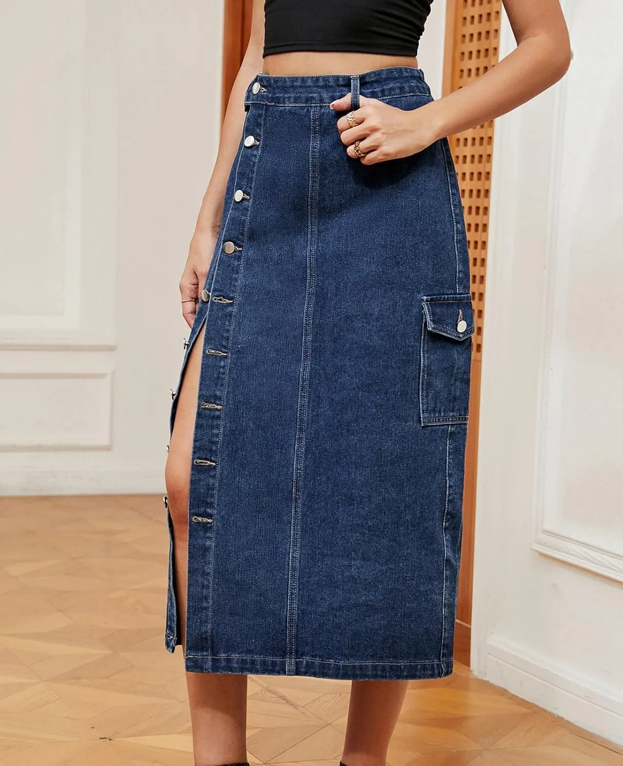 ALSOGO Women's Denim Skirts Button Front Split Washed Slim High Waist Jean Skirts with Pockets