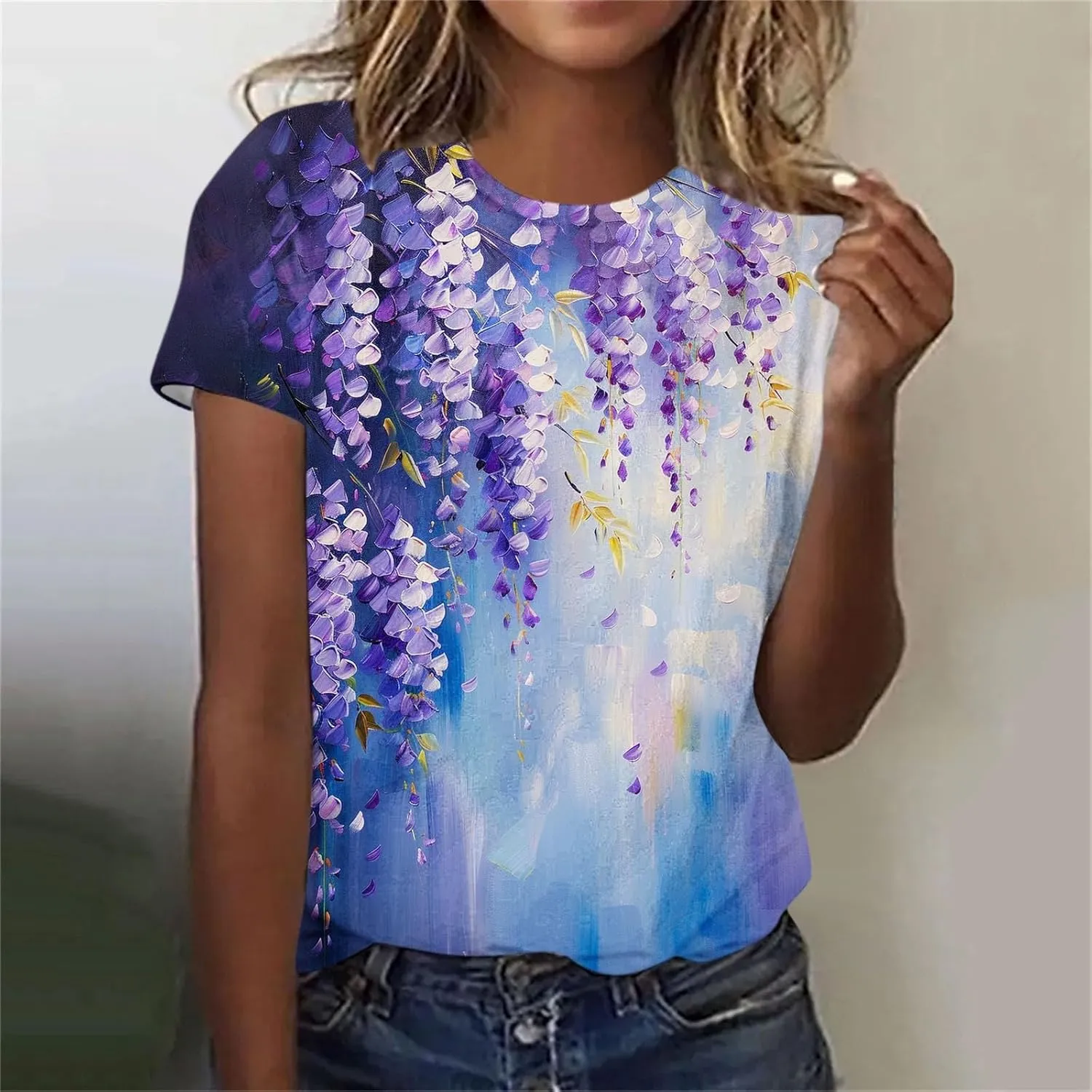Alzheimers Awareness Shirts Women Summer Floral Print Tops O Neck Short Sleeve Lightweight Breathable Basic Clothing