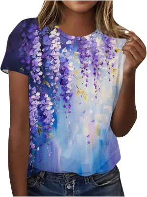 Alzheimers Awareness Shirts Women Summer Floral Print Tops O Neck Short Sleeve Lightweight Breathable Basic Clothing