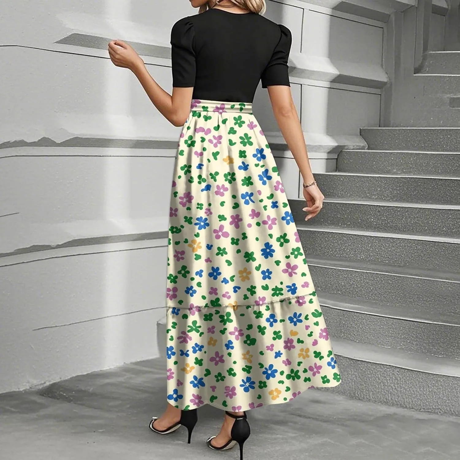 Bohemian Dress for Women 2025 Flowy Floral Print Wrap Maxi Dress Trendy Summer Outfit