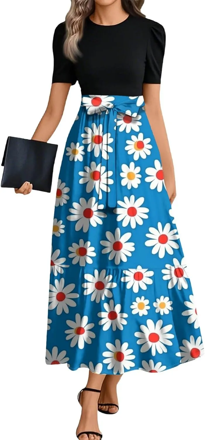 Bohemian Dress for Women 2025 Flowy Floral Print Wrap Maxi Dress Trendy Summer Outfit
