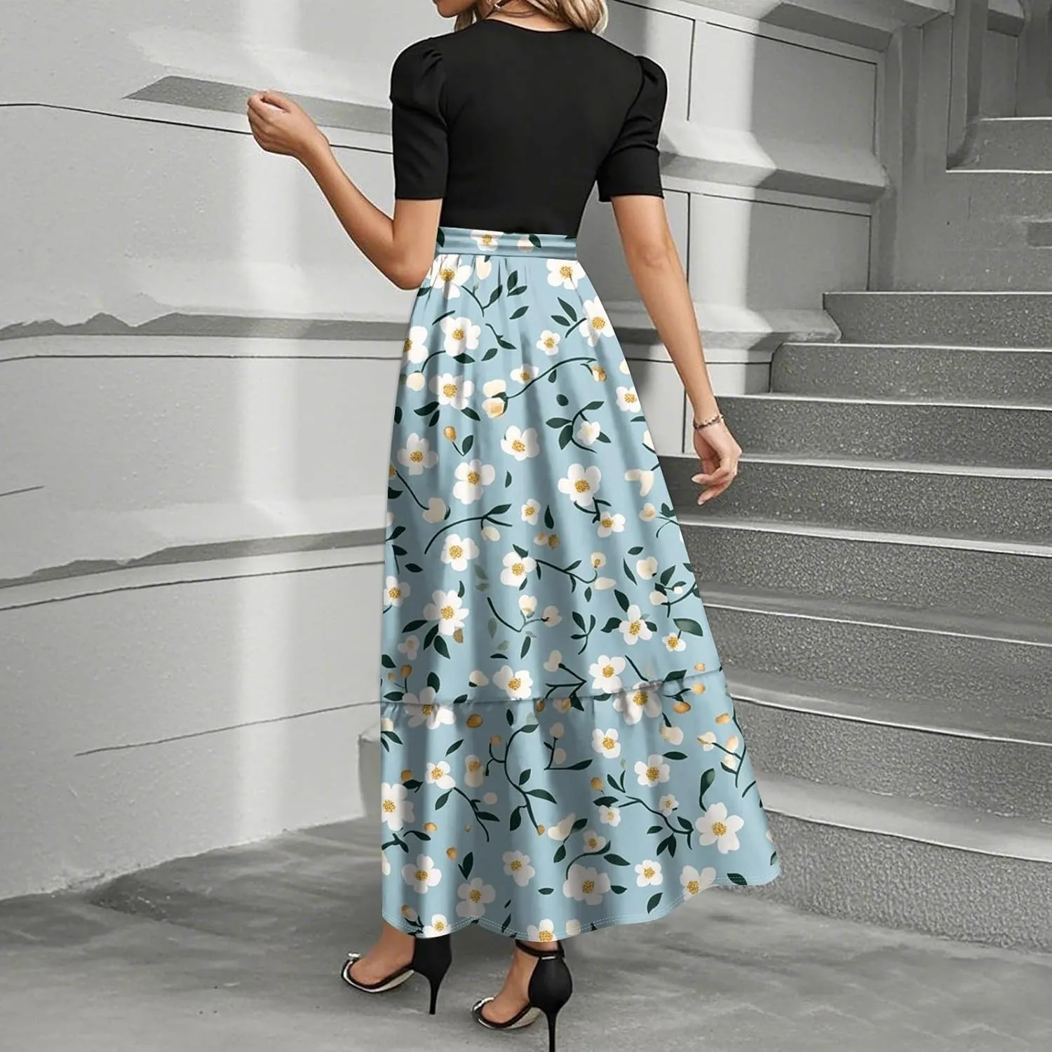Bohemian Dress for Women 2025 Flowy Floral Print Wrap Maxi Dress Trendy Summer Outfit