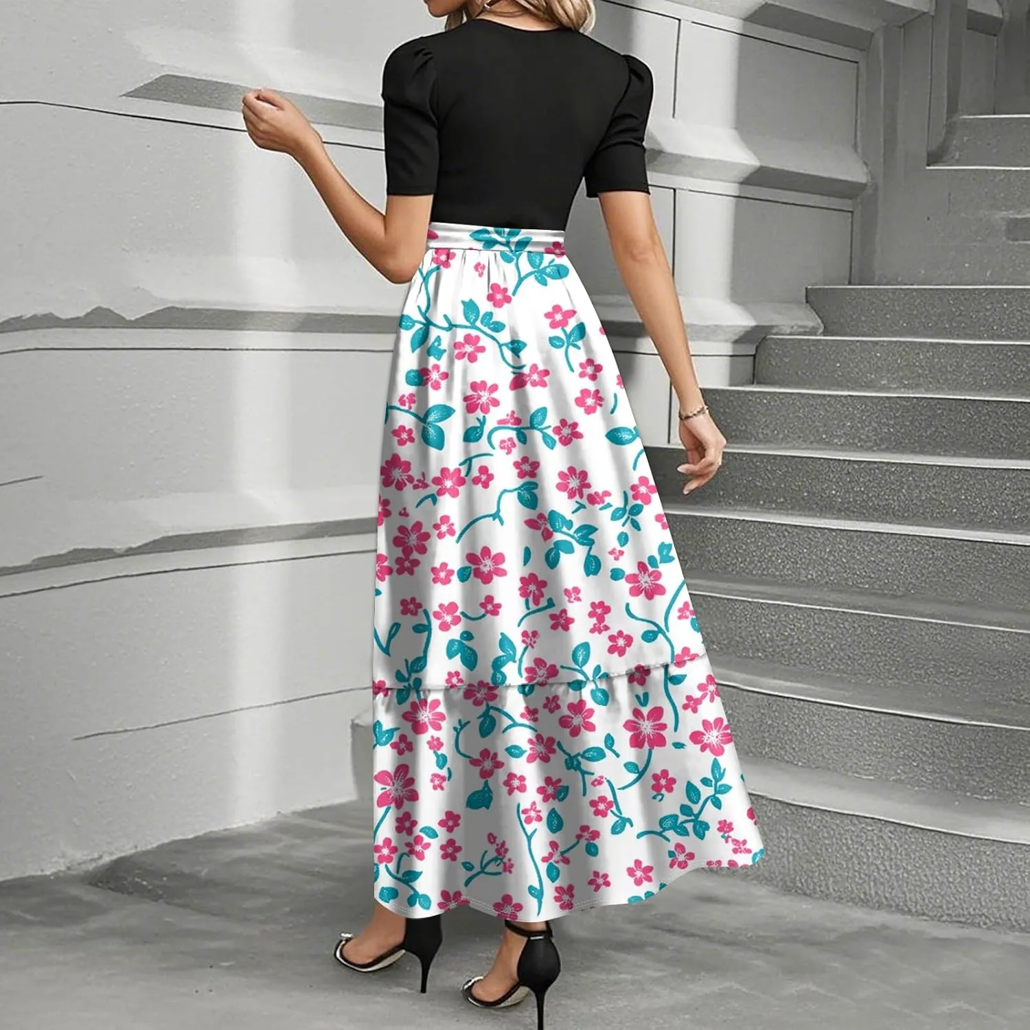 Bohemian Dress for Women 2025 Flowy Floral Print Wrap Maxi Dress Trendy Summer Outfit
