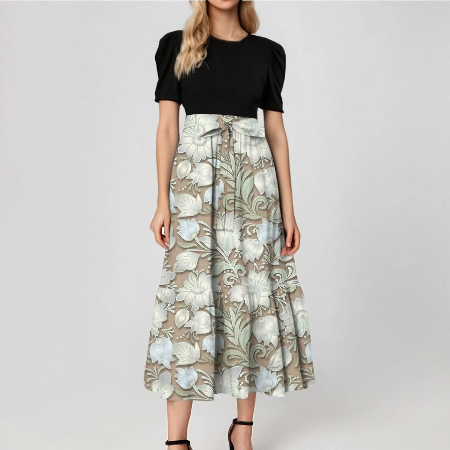 Bohemian Maxi Dresses for Women Plus Size Floral Print Wrap Dress Ruffle Hem Trendy Outfit