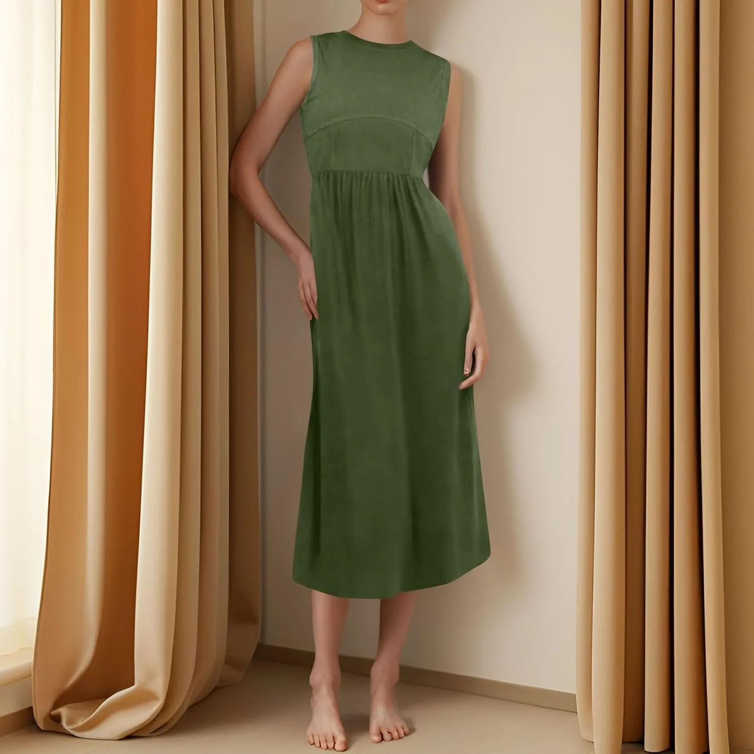 Boho Dress for Women Summer Tank Dress Casual Sundresses High Waist Sleeveless Wrap Dresses Ruffle Dresses with Pocket