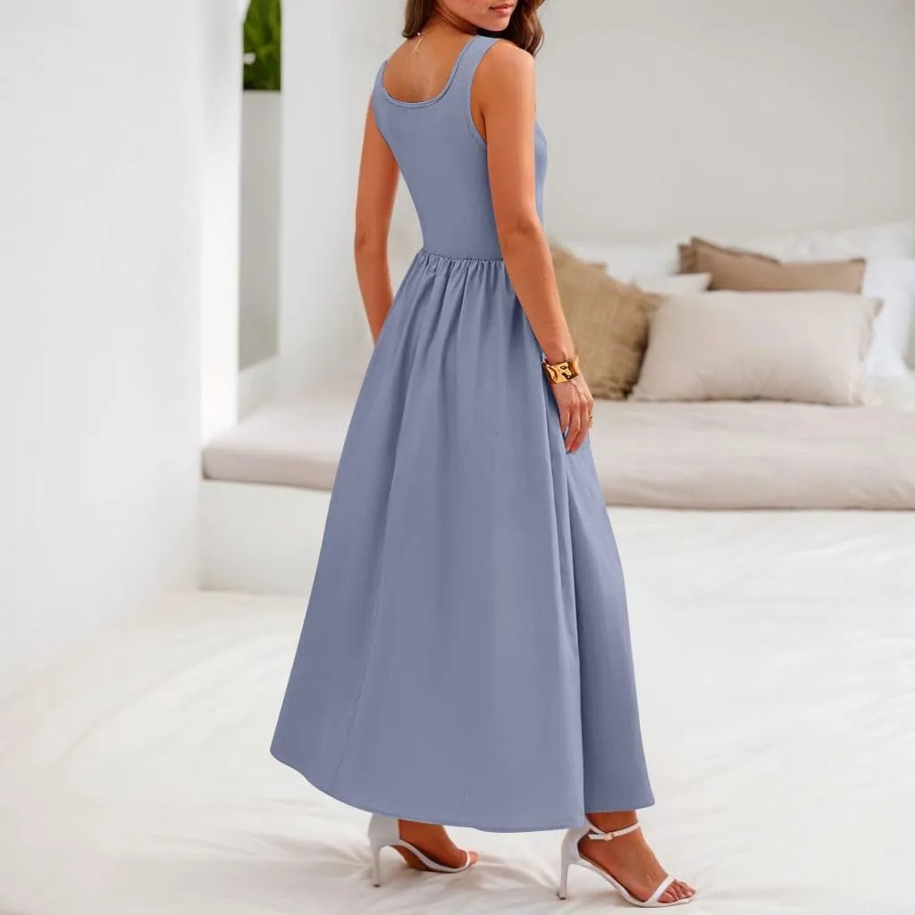 Boho Dress for Women Summer Tank Dress Casual Sundresses High Waist Sleeveless Wrap Dresses Ruffle Dresses with Pocket