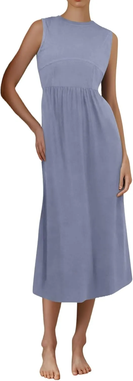 Boho Dress for Women Summer Tank Dress Casual Sundresses High Waist Sleeveless Wrap Dresses Ruffle Dresses with Pocket