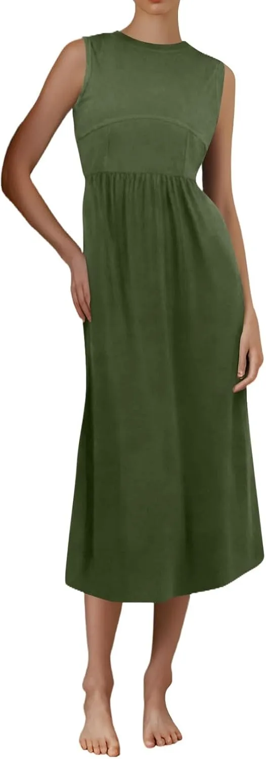 Boho Dress for Women Summer Tank Dress Casual Sundresses High Waist Sleeveless Wrap Dresses Ruffle Dresses with Pocket