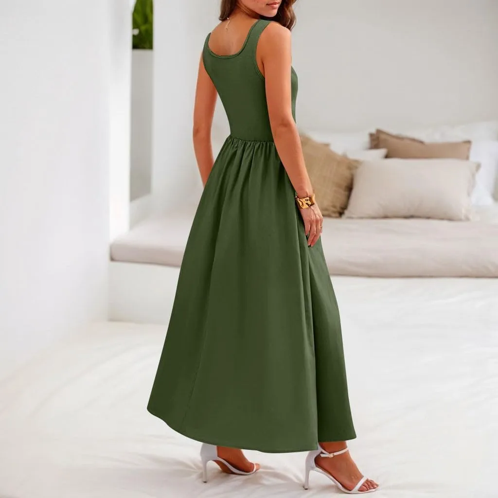 Boho Dress for Women Summer Tank Dress Casual Sundresses High Waist Sleeveless Wrap Dresses Ruffle Dresses with Pocket