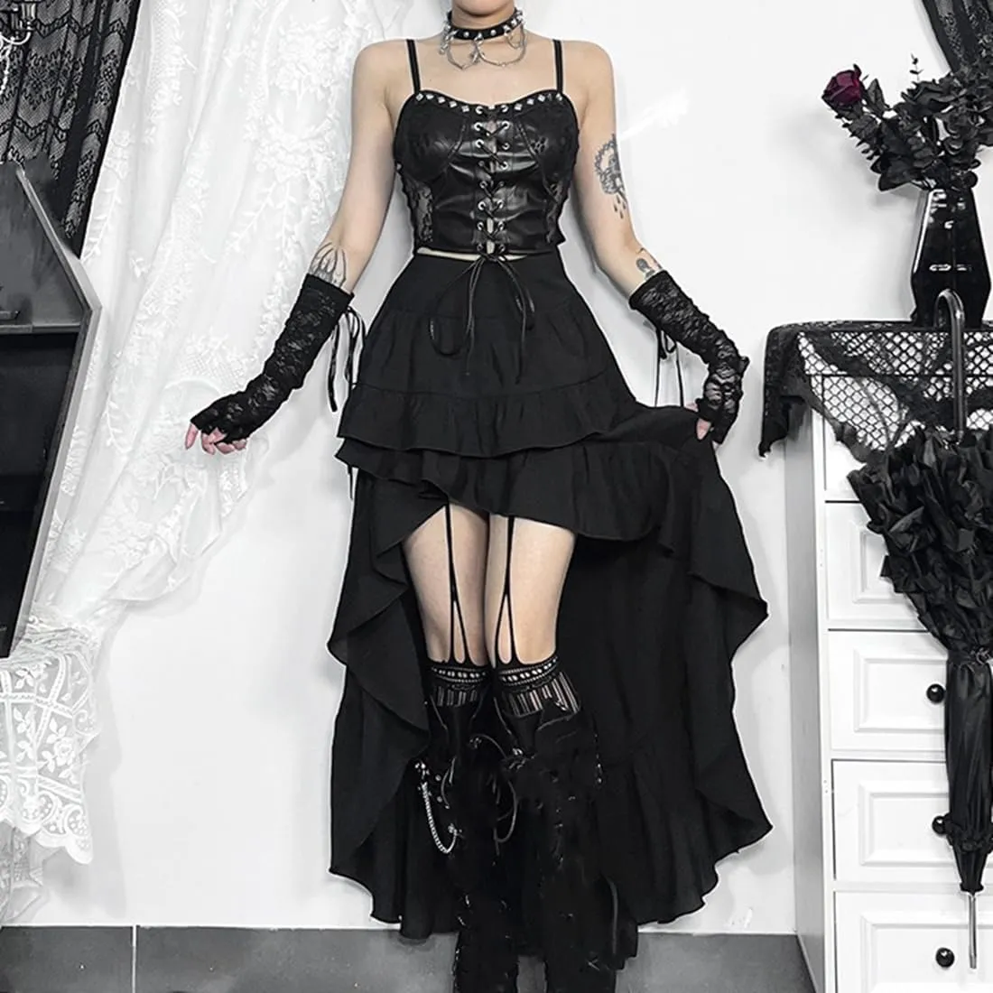 Botenwall Women Gothic Skirt Fairy Grunge Asymmetrical Goth Renaissance Long Maxi Skirts