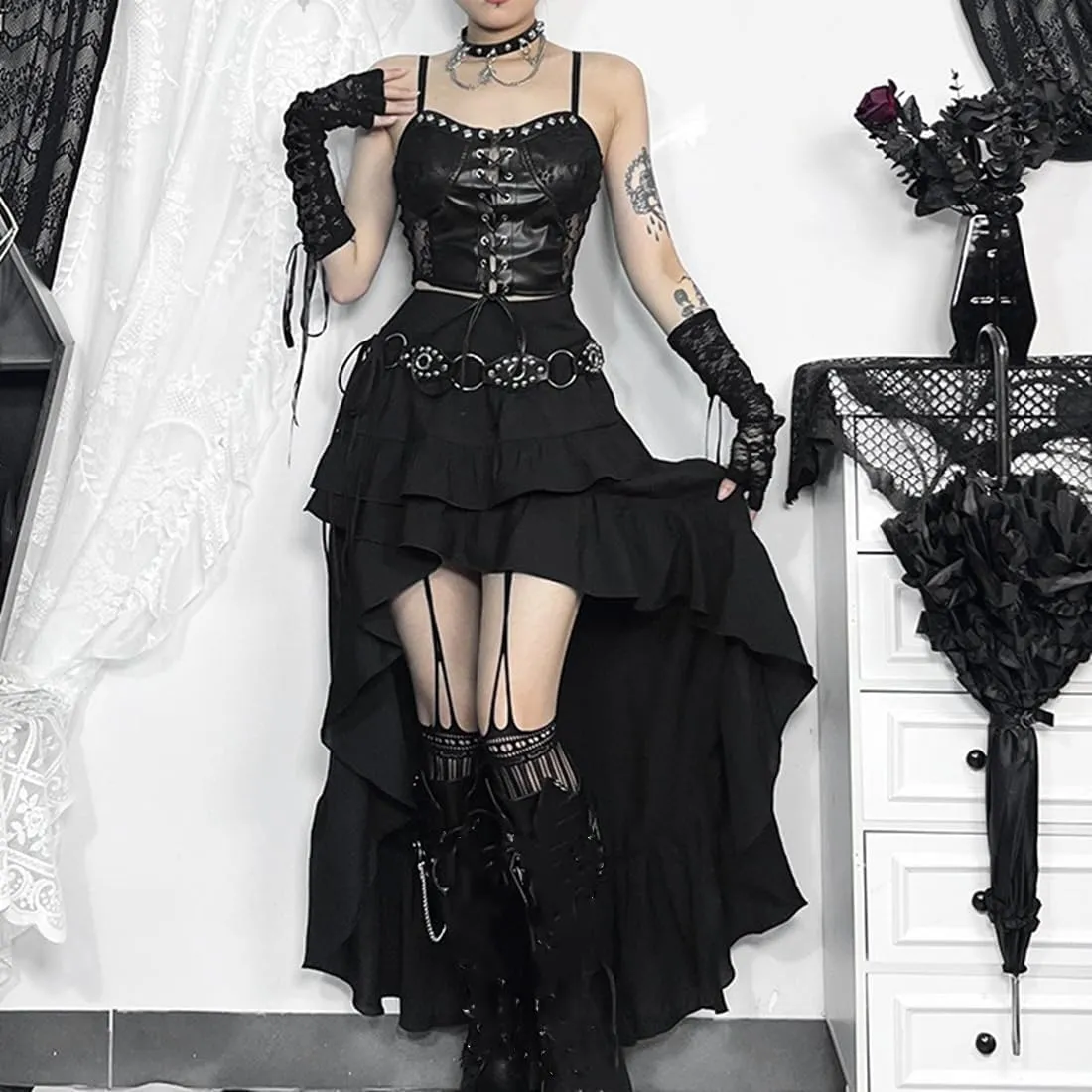 Botenwall Women Gothic Skirt Fairy Grunge Asymmetrical Goth Renaissance Long Maxi Skirts