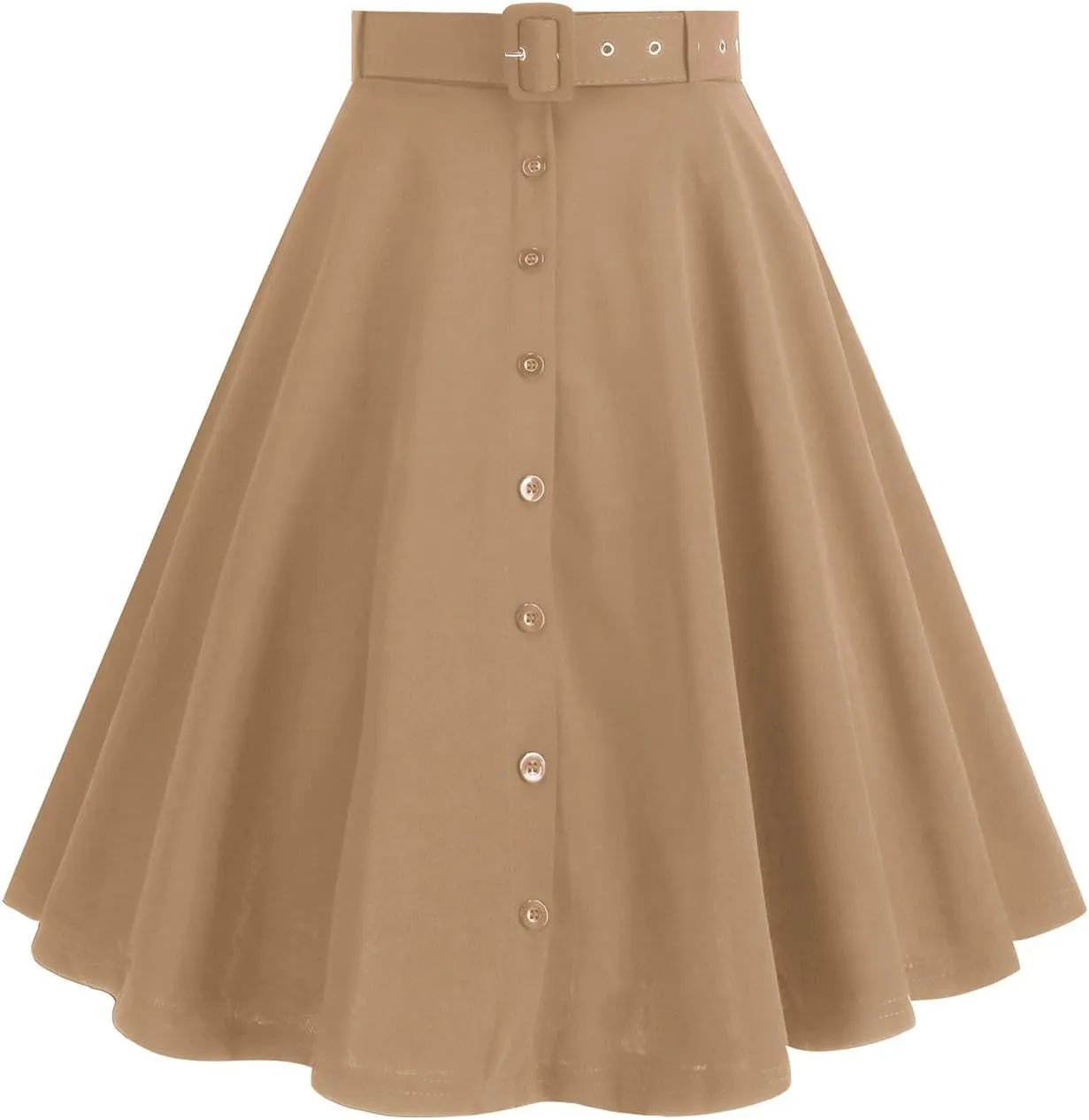 Button Front A Line Skirt for Women High Waist Flared Swing Midi Skirts with Belt Retro Style