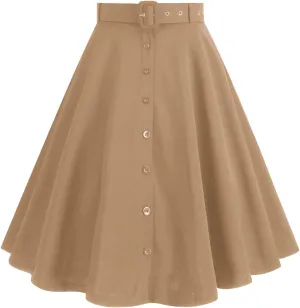 Button Front A Line Skirt for Women High Waist Flared Swing Midi Skirts with Belt Retro Style