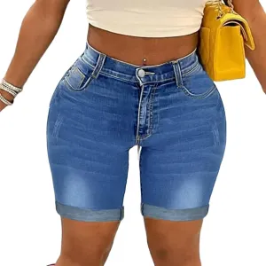 Capri Jeans for Women High Waisted Ripped Stretch Denim Capris Trendy Skinny Cuffed Denim Cropped Pants with Pockets