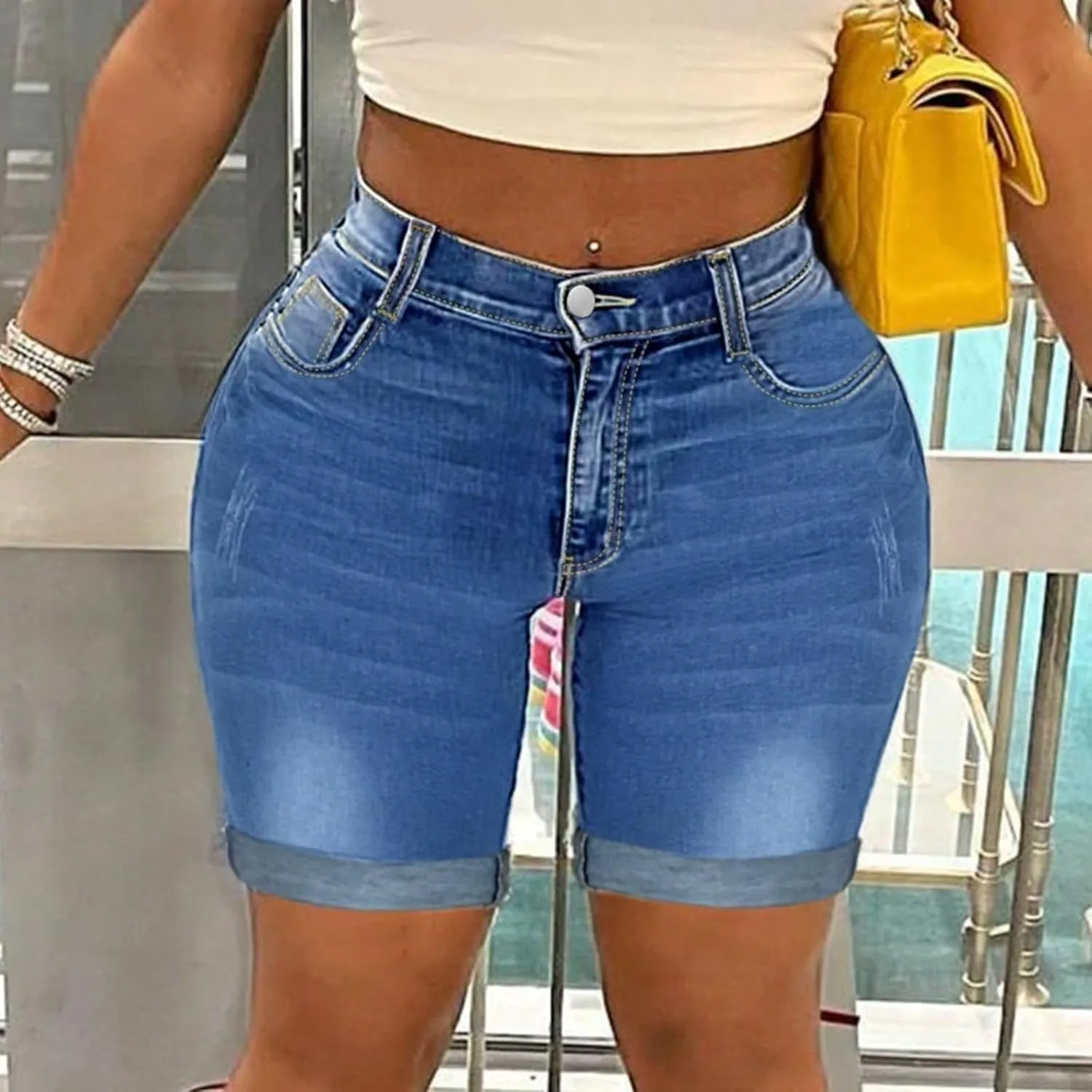 Capri Jeans for Women High Waisted Ripped Stretch Denim Capris Trendy Skinny Cuffed Denim Cropped Pants with Pockets