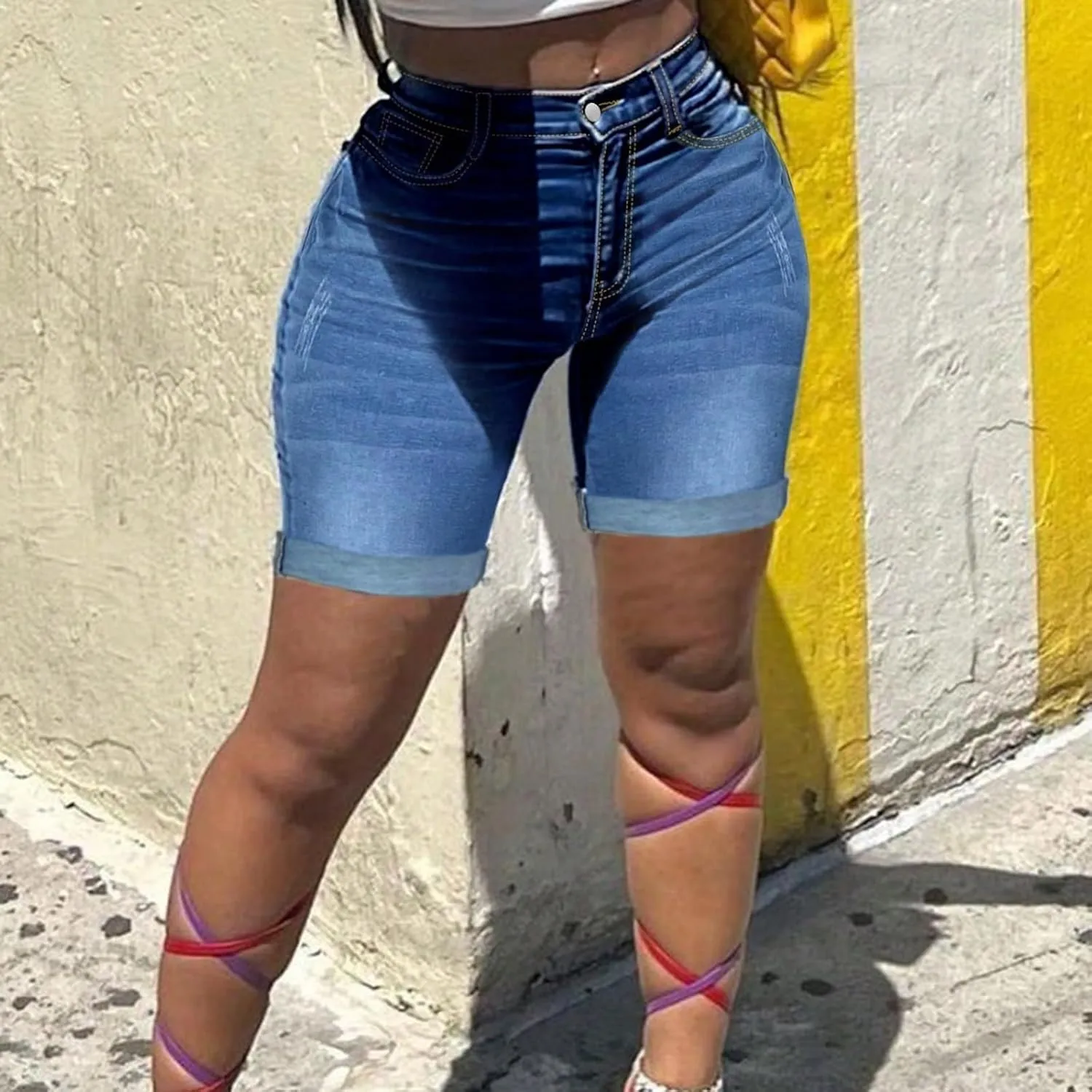 Capri Jeans for Women High Waisted Ripped Stretch Denim Capris Trendy Skinny Cuffed Denim Cropped Pants with Pockets
