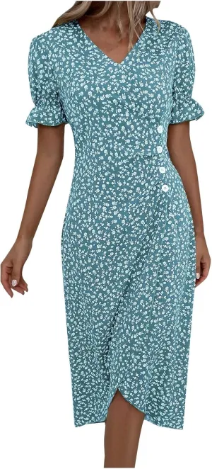 Casual Dresses for Women Summer Elegant Trendy V Nek Ruffle Short Sleeve Beach Dress Boho Vacation Clothes