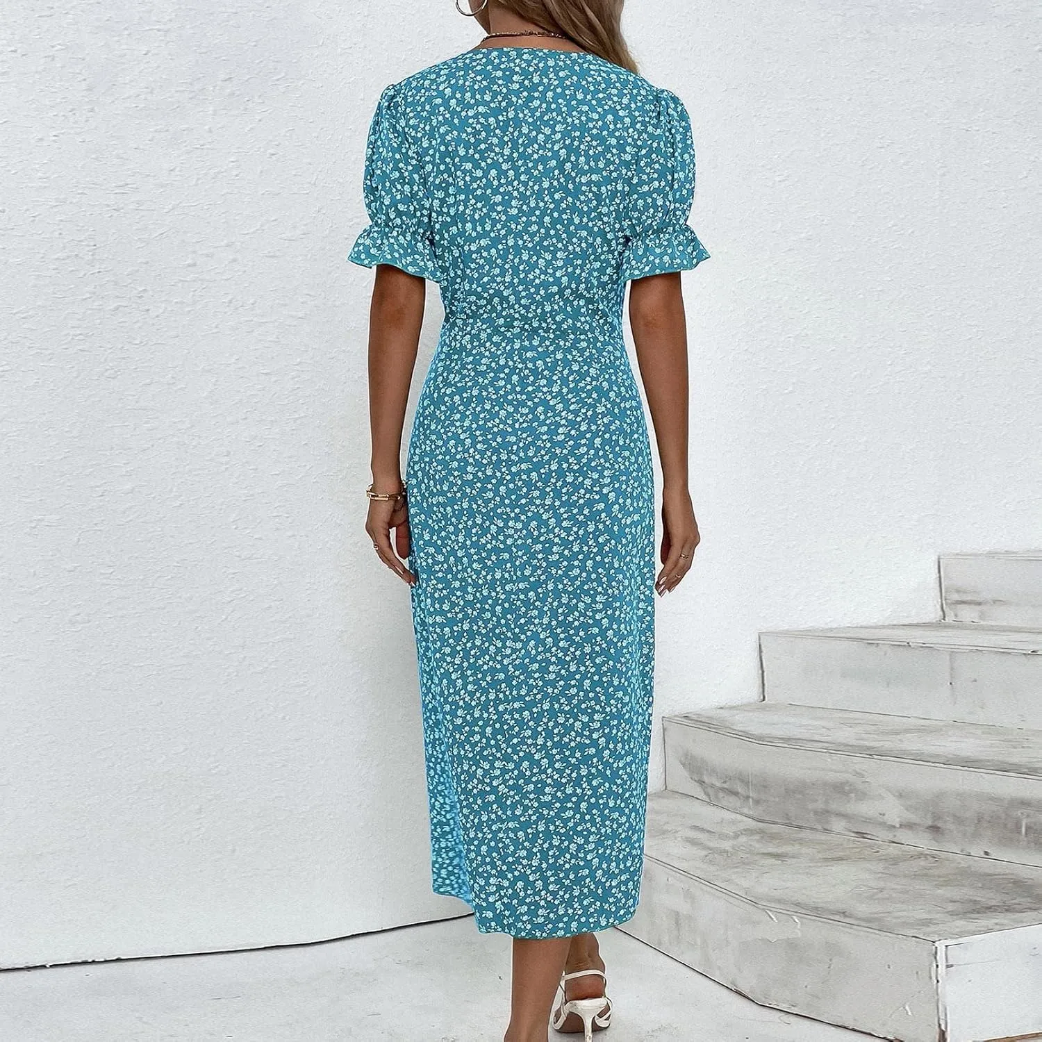 Casual Dresses for Women Summer Elegant Trendy V Nek Ruffle Short Sleeve Beach Dress Boho Vacation Clothes