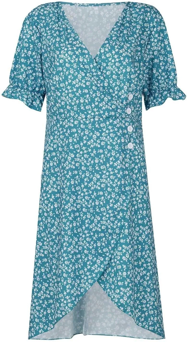 Casual Dresses for Women Summer Elegant Trendy V Nek Ruffle Short Sleeve Beach Dress Boho Vacation Clothes