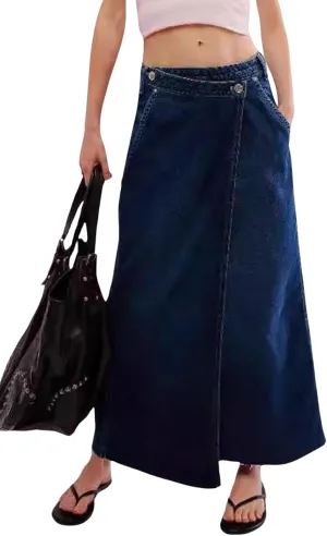 CHARTOU Women's Wrap Denim Midi Skirt A Line Long Jean Skirt Flowy Slit Mid Waist Cargo Skirts with Pockets