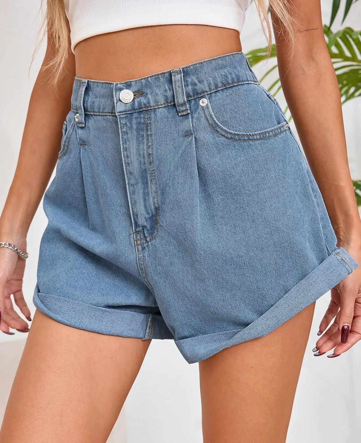 Cicy Bell Womens High Waisted Jean Shorts Casual Summer Wide Leg Rolled Hem Denim Shorts with Pockets